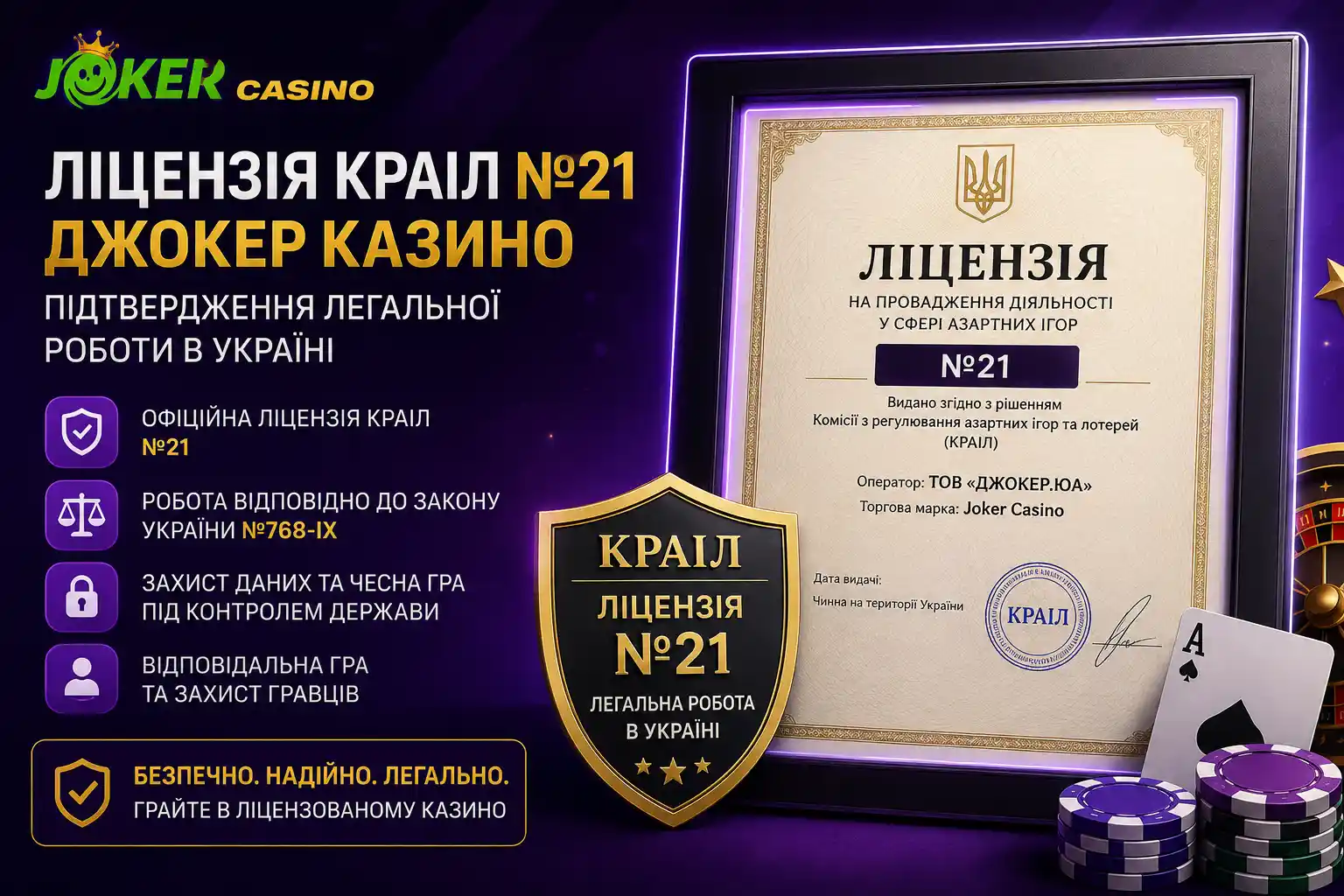 Ліцензія КРАІЛ №21 Джокер Казино — підтвердження легальної роботи в Україні